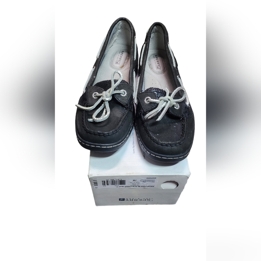 Sperry Women's Angelfish Black Glitter Slip On Boat Loafer Shoes Size 7 NWT